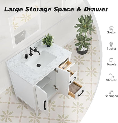 HomeBeyond 36 Inch Bathroom Vanity with Sink & Ceramic Top, Single Vanity Cabinet with Basin, Soft-Closing Doors & Matte Black Hardware, White