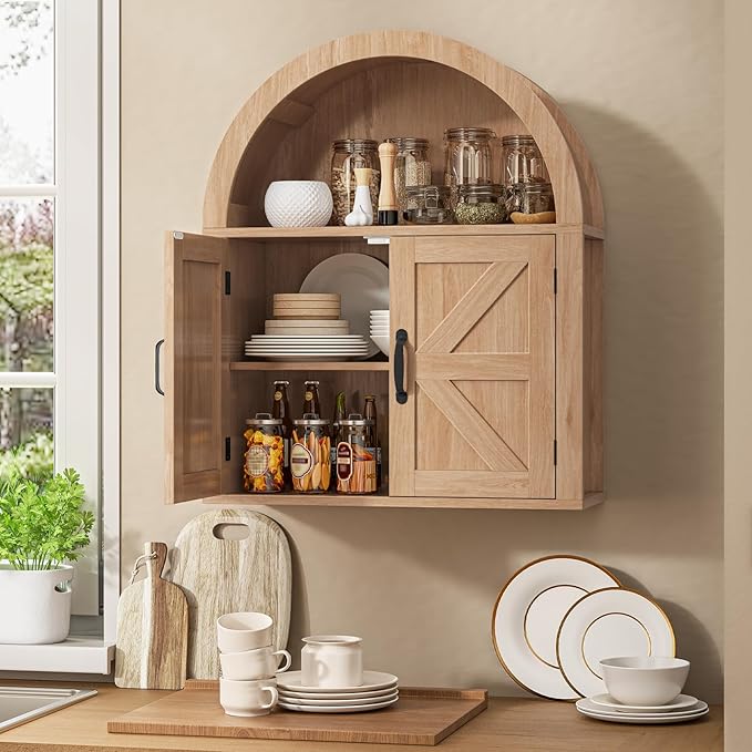 Arched Bathroom Wall Cabinet, Farmhouse Medicine Cabinet with Barn Door and with Adjustable Shelf, 23.6 x 28.7'' Wooden Storage Cabinet Wall Mounted for Bathroom Laundry Room Kitchen, Natural