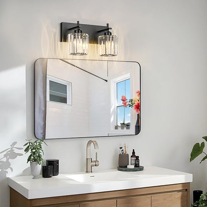 Black Crystal Bathroom Vanity Lights, Modern 2-Lights Bathroom Lighting Fixtures Over Mirror, Crystal Wall Lighting with Round Shade