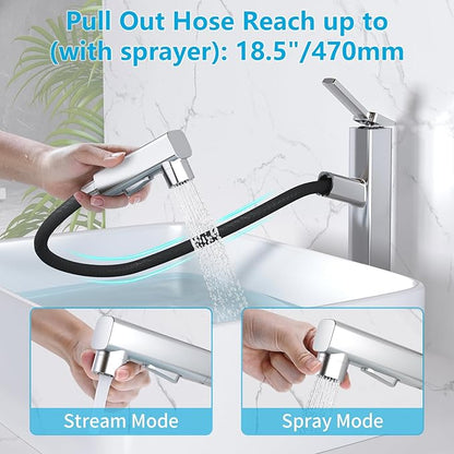 MIAOHUI Vessel Sink Faucet with Pull Out Sprayer, 3 Spray Mode Tall Bathroom Sink Faucet, High Bathroom Faucets for Sink 1 Hole, Single Handle Modern Vanity Faucet with Fountain Mode, Chrome