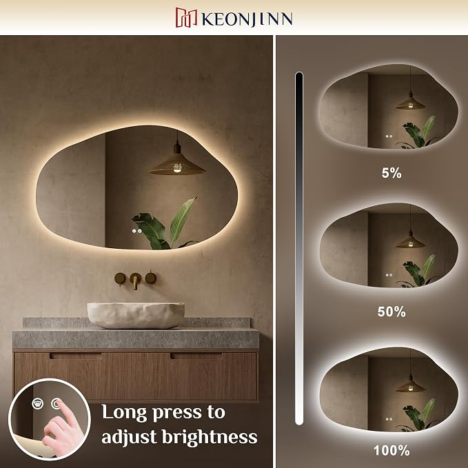 Keonjinn Irregular Bathroom Mirror with Lights 48" x 30", Tempered Glass | Asymmetrical Backlit Bathroom Mirror, Stepless Dimmable with 3 Colors, Fast Defogging, Memory Function, Plug-in/Hardwired