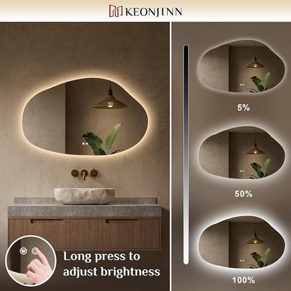 Keonjinn Irregular Bathroom Mirror with Lights 48" x 30", Tempered Glass | Asymmetrical Backlit Bathroom Mirror, Stepless Dimmable with 3 Colors, Fast Defogging, Memory Function, Plug-in/Hardwired