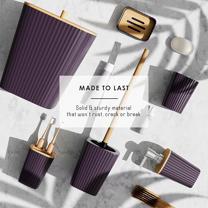 Clara Clark Bathroom Set - Purple Bathroom Accessories Set, 6PC Bathroom Accessory Set, Bathroom Sets with Bathroom Rugs, Adhesive Corner Shower Caddy Hanging, Toilet Brush, Trash Can & Soap Dispenser