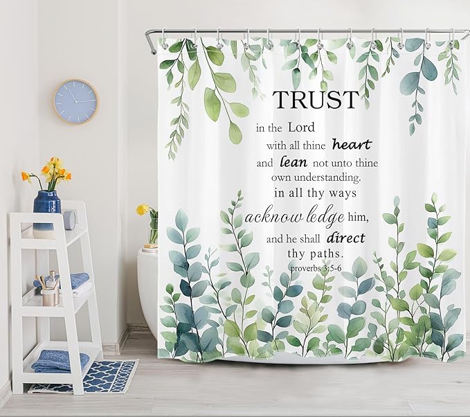 HVEST Eucalyptus Bible Verse Shower Curtain Sage Green Leaf Plant and Inspirational Quotes on White Fabric Shower Curtain with Hooks Nature Botanical Bathroom Curtains Shower Set,78L X 72W inches