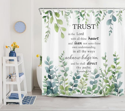 HVEST Sage Green Eucalyptus Shower Curtain with Hooks, Green Leaf and Bible Verse Inspirational Quotes on White Shower Curtain for Bathroom Nature Botanical Bathroom Decor Accessories,72L X 72W inches