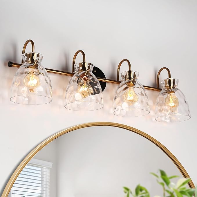 KSANA Bathroom Vanity Lights, Mid-Century Modern 4 Light Bathroom Light Fixtures Black and Electroplated Copper Vanity Lights with Water Ripple Glass