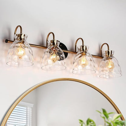 KSANA Bathroom Vanity Lights, Mid-Century Modern 4 Light Bathroom Light Fixtures Black and Electroplated Copper Vanity Lights with Water Ripple Glass