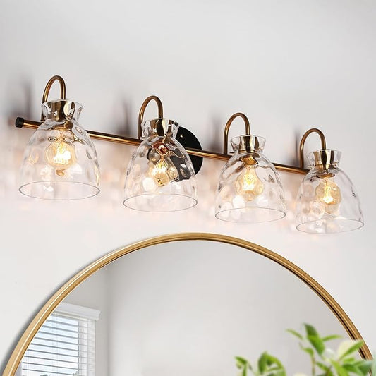KSANA Bathroom Vanity Lights, Mid-Century Modern 4 Light Bathroom Light Fixtures Black and Electroplated Copper Vanity Lights with Water Ripple Glass