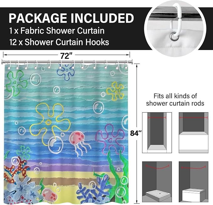 Cute Cartoon Anime Ocean Jellyfish Shower Curtain Set 72x78 Inches | Cute Cartoon Anime Ocean Jellyfish Print, Colorful Seaside Housewarming Ocean Lover Guest Bathroom Decor, With Hooks