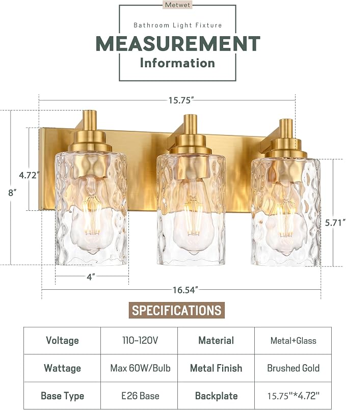 3-Light Brushed Gold Bathroom Vanity Light, Hammered Cylinder Glass | Ideal for 20-28" mirrors, 16.5" modern bathroom light fixtures over mirror, E26 base, bulbs not included, VL198-BG-3