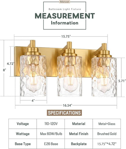 3-Light Brushed Gold Bathroom Vanity Light, Hammered Cylinder Glass | Ideal for 20-28" mirrors, 16.5" modern bathroom light fixtures over mirror, E26 base, bulbs not included, VL198-BG-3