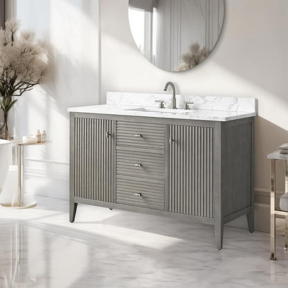 Vanity Art 48 inch Bathroom Vanity with Single Sink & Ceramic Top, Vanity Cabinet with Soft-Closing Door, Solid Wood Frame, Linear Pattern, Driftwood Gray, Golden Brushed Handware VA9148-DG-GB