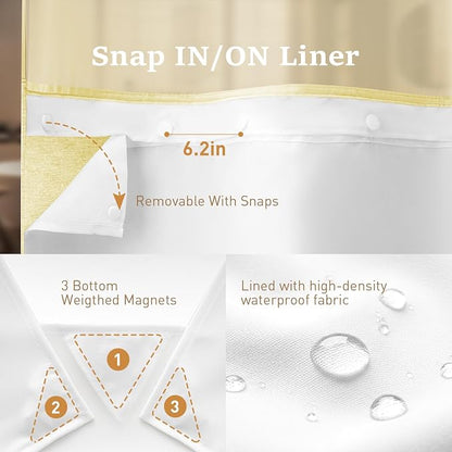 Yellow Ringless Linen Textured Shower Curtain with Snap in Liner 72x75 | 3 in 1 Modern Shower Curtain Set, Removable Liner, Waterproof & Washable, Mesh Top Window, Durable Fabric, Easy to Install