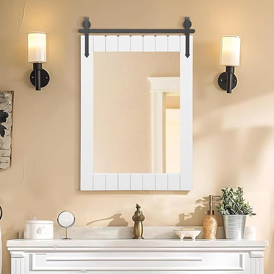 Besdomus Bathroom Farmhouse Large Mirror: 24"x36" White Barn Door Solid Cedar Wood Frame Vanity Mirror - Rustic Wall Mounted Mirror for Bathroom/Living Room/Entryway - Farmhouse Decor for Homemakers