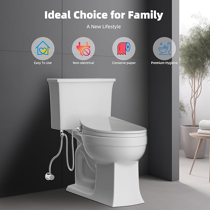 Hibbent Elongated Bidet Toilet Seat with Slow Close, Non-Electric Bidet Attachment for Toilet Seat with Dual Nozzle, Bidet Sprayer with Adjustable Self-Cleaning Nozzles, Brass T Adapter