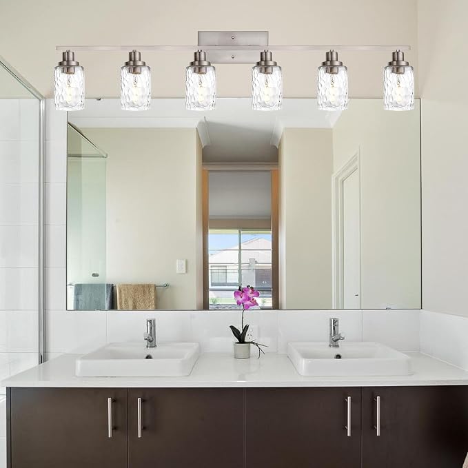 MELUCEE Bathroom Vanity Light Brushed Nickel with Clear Hammered Glass | 6-Light Industrial Wall Light Fixtures for Bath Mirror Bedroom Dressing Table (Patent No.: US D963914 S)