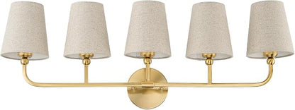5-Light Brushed Gold Bathroom Vanity Light, Brown Linen Fabric Shade | 35 Inch gold bathroom light fixture over mirror, UL listed, E26 bulbs, hardwired, upward only, VL837-BG-L-5