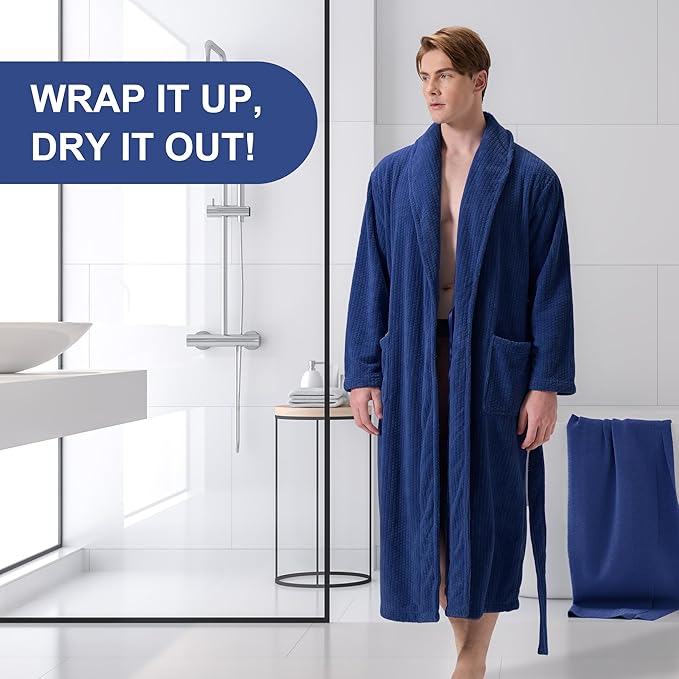 Men's Shawl Collar Bathrobe, Soft Long Towel Robe for Men - Super Absorbent Quick Dry yet Warm