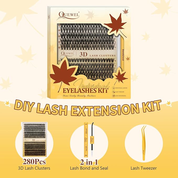 QUEWEL Lash Clusters Kit, 280Pcs 40D+50D 3D Lash Cluster Eyelash Extensions | 10-18mm Volume Individual Lashes with Lash Bond and Seal and Lash Tweezers Easy DIY at Home(40D+50D 3D Kit)