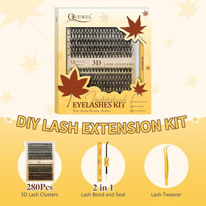 QUEWEL Lash Clusters Kit, 280Pcs 40D+50D 3D Lash Cluster Eyelash Extensions | 10-18mm Volume Individual Lashes with Lash Bond and Seal and Lash Tweezers Easy DIY at Home(40D+50D 3D Kit)