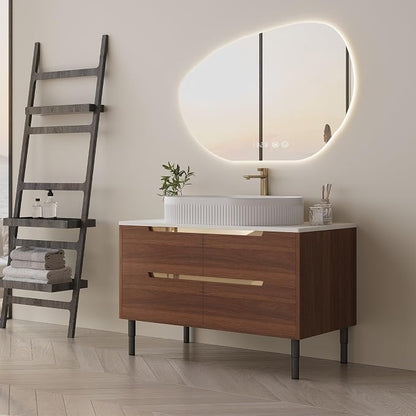 KEIKI 36" Modern Bathroom Vanity with Sink Combo, Freestanding & Wall Mounted Cabinet with Ceramic Basin, 4 Drawers, Soft-Close Design, Walnut