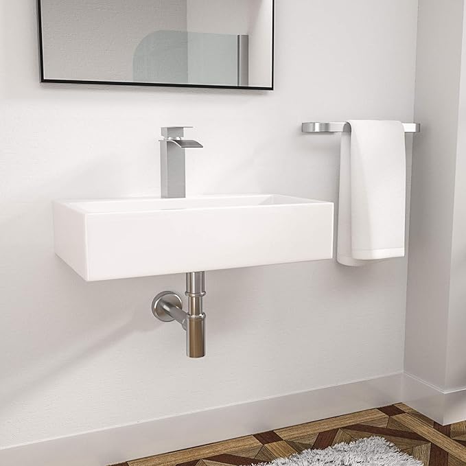Logmey 20 Inch Wall Mount Bathroom Vessel Sink ADA Rectangle 20"x14" Floating Bathroom Vessel Sink White Porcelain Ceramic Vessel Vanity Sinks Rectangle Art Basin