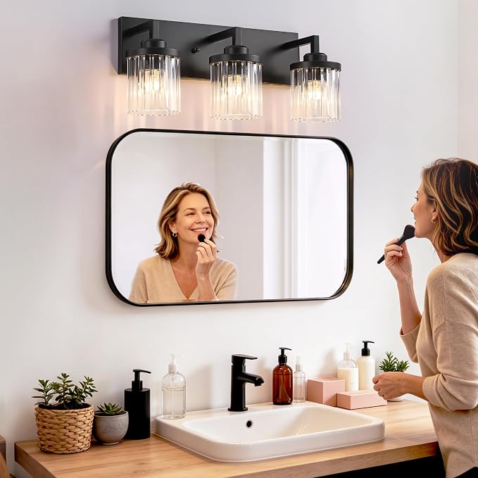 3-Light Black Bathroom Vanity Light, Crystal Glass Shades | Modern Wall Lighting Fixtures Over Mirror, for Bathroom, Matte Black Finish, Rust-resistant Metal, Farmhouse Industrial Style