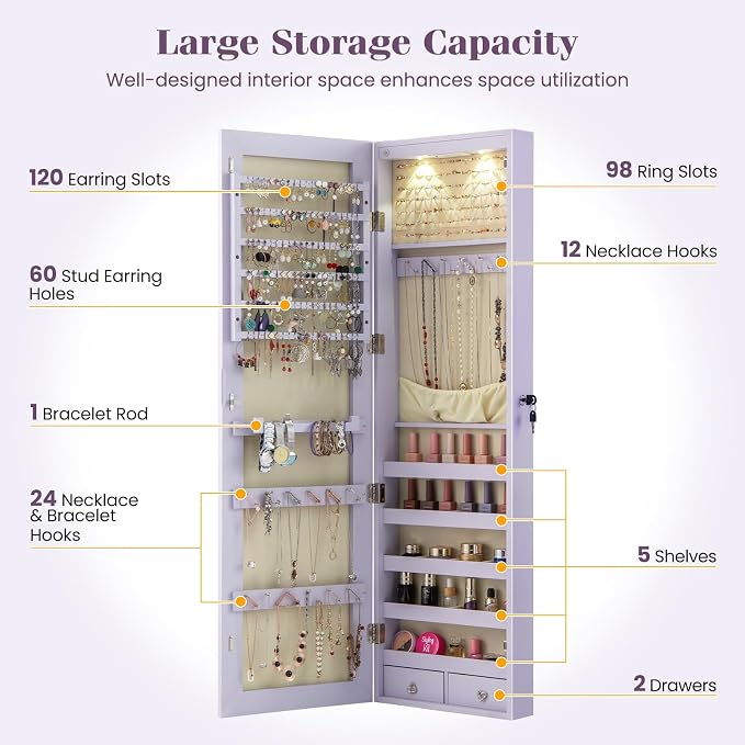 NAFORT 2 LEDs Full Length Mirror with Jewelry Armoire, Jewelry Organizers and Storage with 2 Mounting Options, 47.5”H Jewelry Cabinet with 2 Drawers, Make up & Lockable Jewelry Box, Purple