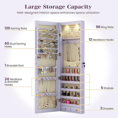 NAFORT 2 LEDs Full Length Mirror with Jewelry Armoire, Jewelry Organizers and Storage with 2 Mounting Options, 47.5”H Jewelry Cabinet with 2 Drawers, Make up & Lockable Jewelry Box, Purple
