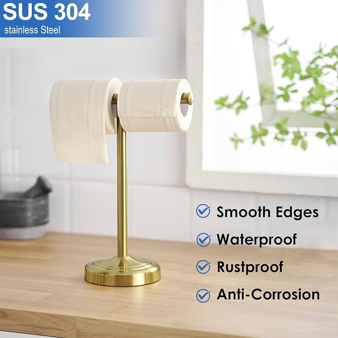 RUMOSE Brushed Gold Hand Towel Holder Stand Countertop Towel Rack | 13 Inch Bathroom Kitchen Vanity T-Shape Towel Stand Free Standing Stainless Steel Towel Bar Towel Ring
