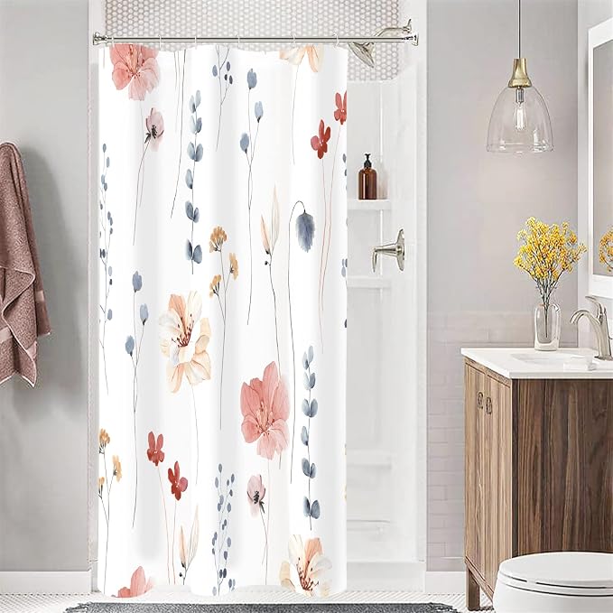 Coral Beige Watercolor Floral Fabric Shower Curtain, 54x72 | Waterproof Fabric, Modern Minimalist Floral Print, Machine Washable, Rustproof Grommets, for Bathroom Home, Stall