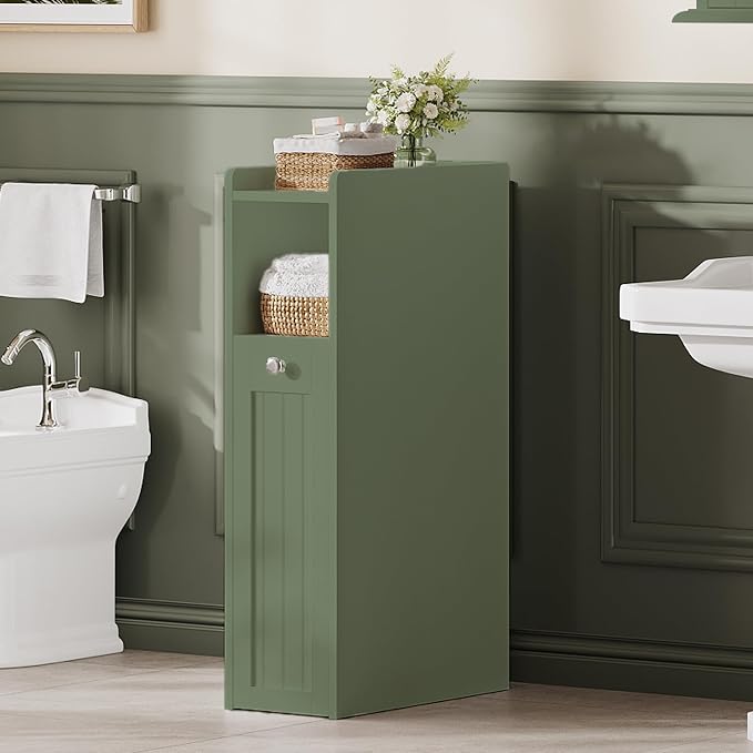 ChooChoo Slim Bathroom Storage Cabinet with Slide Out Drawers | Narrow Storage Organizer with Hidden Storage, Freestanding Toilet Paper Holder, Bathroom Cabinet for Small Places, Green