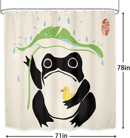 LGhtyro Funny Frog Shower Curtain Bathroom Set 71Wx78H Inches Asian Duck Traditional Art Japanese Cute Animal Taking Lotus Leaf Rain Bath Accessories Black Green Art Home Decor Fabric 12 Pack Hooks
