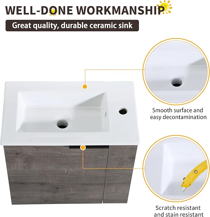 22 Inch Bathroom Vanity with Sink, 22" Wall Mounted Vanity Sink Combo for Small Space, Modern Bathroom Cabinet Set with Ceramic Basin Sink Top and Soft-Closing Door, Plaid Grey Oak