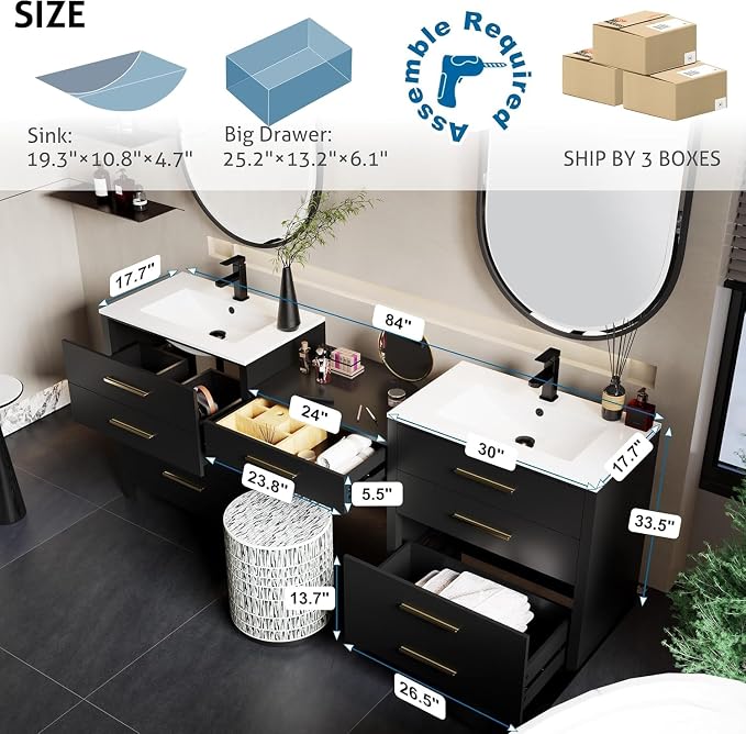 eclife 84" Bathroom Vanity Sink Combo, Modern Painted Vanities Storage Cabinet with 24" Mid Makeup Vanity Desk, 30" Dual White Basins, Faucets & Drains, Black