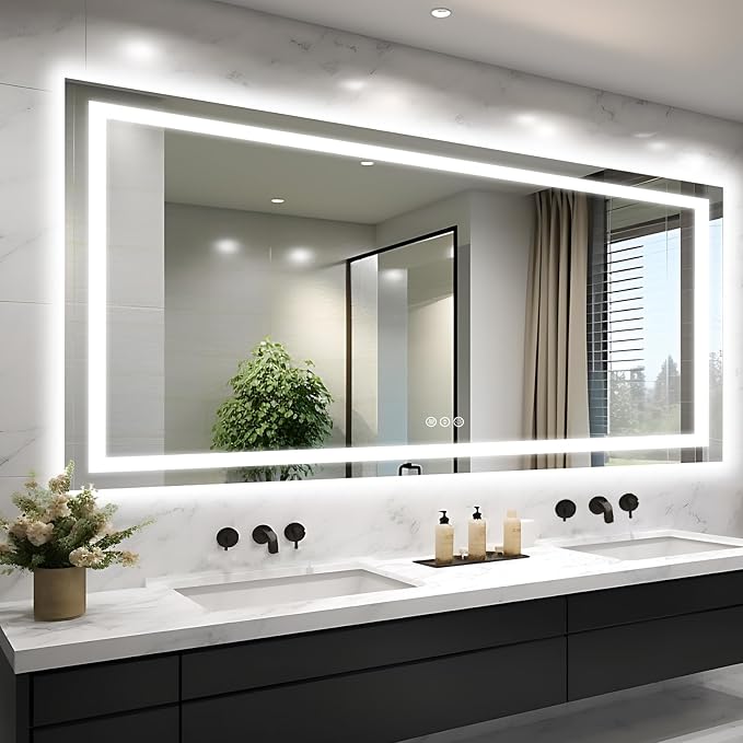 EchosLife Large 84"x40" Light up Bathroom Mirror | Backlit + Front Lit, Anti-Fog, Stepless Dimmable, 3 Colors, Memory, Tempered Glass, UL Listed, Horizontal/Vertical