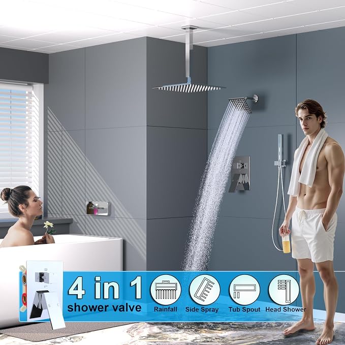 Enga Dual Shower Head System with Tub Spout, Ceiling Mount 10 Inch Shower Head with 6 Inch Wall Mount Shower Head, 4 Way Diverter Shower Faucet with 2 in 1 Handheld, Chrome
