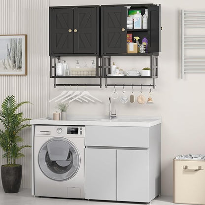 Farmhouse Medicine Cabinet - 3-Tier Wall Mounted Storage Organizer with Adjustable Shelves, Towel Bar, 5 Hooks for Small Bathroom, Laundry Room, Over Toilet, Living Room, Bedroom (Black)