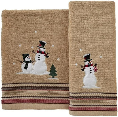 SKL Home Christmas/Winter Rustic Plaid Snowman Bath Towel, Wheat | 100% Cotton. 500 GSM. Soft & absorbent terry with embroidery. Great for holiday gifting.