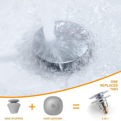 Universal Bathroom Sink Stopper, 1.1~1.5" Sink Drain Stopper, Full Size Bounce Bullet Type Pop Up Basin Drain Strainer, Chrome Anti-Clogging Sink Drain Filter with Hair Catcher (Silver)