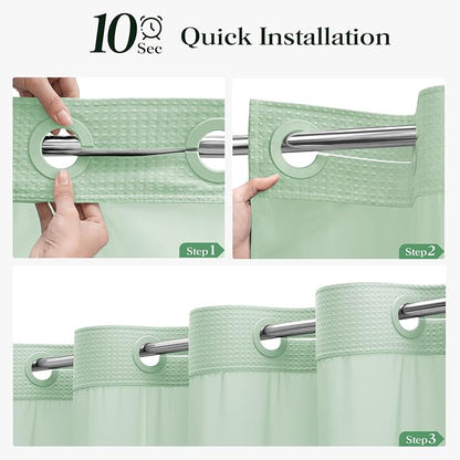 Mint Green Hook Free Waffle Shower Curtain & Snap-in Liner,72x87 | Less Time to install, 3 in 1 Fabric Shower Curtain and Liner Set with Magnets, Extra Long, Shower Curtains for Bathroom