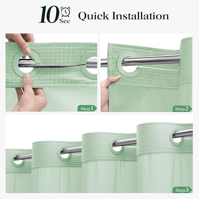 Mint Green Hook Free Waffle Shower Curtain & Snap-in Liner,72x99 | Less Time to install, 3 in 1 Fabric Shower Curtain and Liner Set with Magnets, Extra Long, Shower Curtains for Bathroom