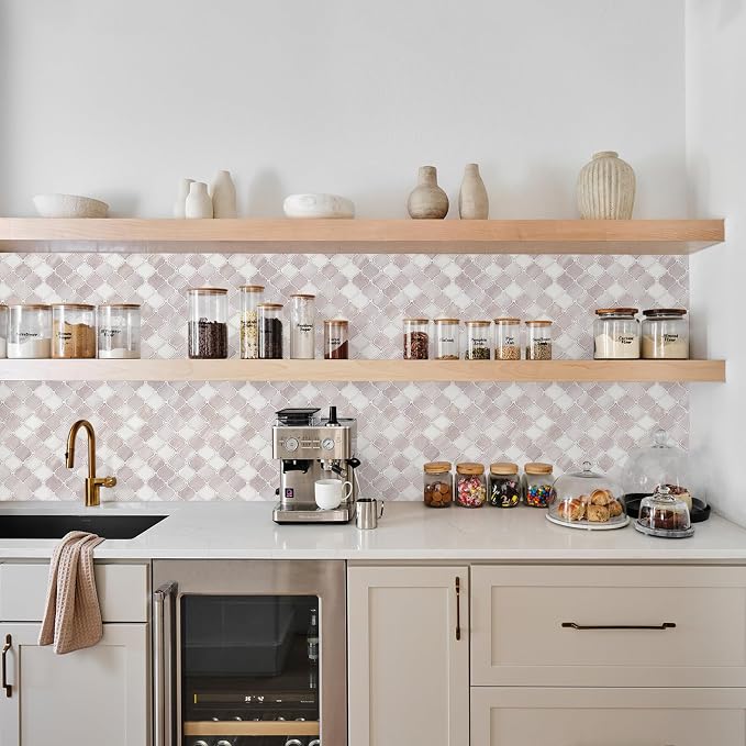 STICKGOO Arabesque Peel and Stick Backsplash, 12”X12” Backsplash Tile for Kitchen Peel and Stick, Self Adhesive Wall Tile Stick on Tiles (Pink Beige White)