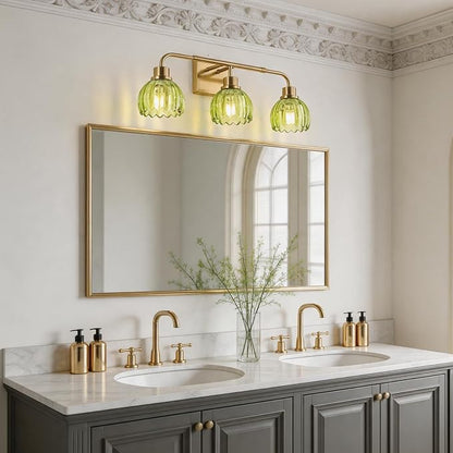Ralbay Vintage Bathroom Light Fixtures,Gold Bathroom Vanity Light,Matte Antique Brass Finish with Green Crystal Glass Shade,Wall Sconces Lighting for Bedroom,Living Room,Hallway(3-Light)