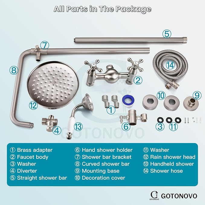 gotonovo Exposed Shower Faucet Set Luxury,Brushed Nickel,Straight Rod | Bathroom 8” Shower Head with Handheld Spray System Fixtures,Vintage Two Cross Handle,Wall Mount,for 5-6.7" Hole,Adjust Height