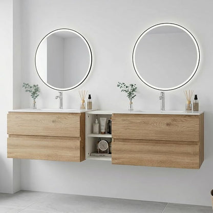 72" Modern Floating Double Sink Bathroom Vanity, Wall Mounted Bathroom Cabinet with U-Shaped Drawers, Beveled Invisible Handles Open Side Shelf, FSC Certified Wood Veneer (White, 72 lnch)