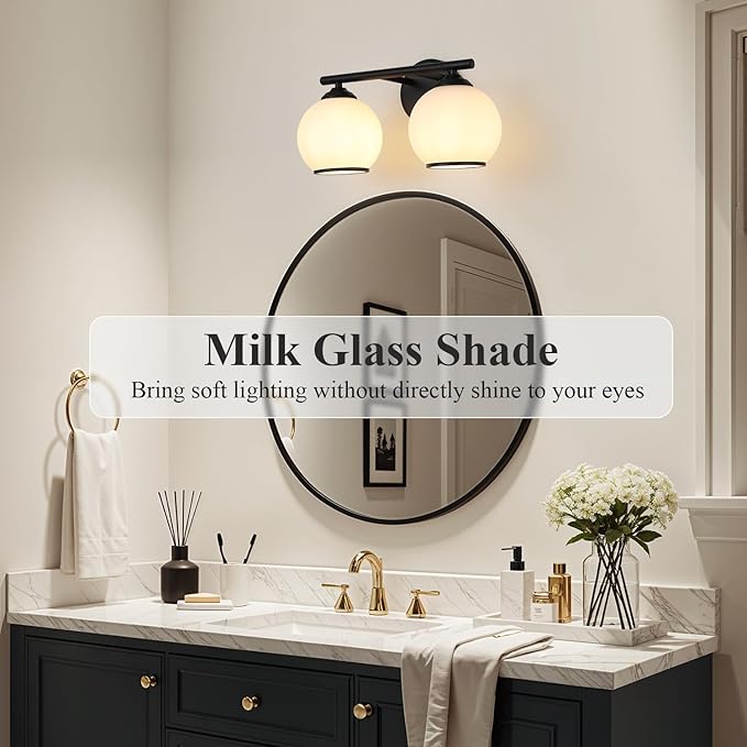 Milk Glass Bathroom Vanity Light Over Mirror, 2 Light Matte Black Bathroom Light Fixtures with Frosted Globe Glass Shade, Modern Vanity Lighting Wall Mounted