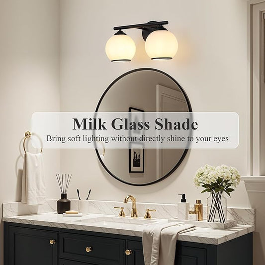 Milk Glass Bathroom Vanity Light Over Mirror, 2 Light Matte Black Bathroom Light Fixtures with Frosted Globe Glass Shade, Modern Vanity Lighting Wall Mounted