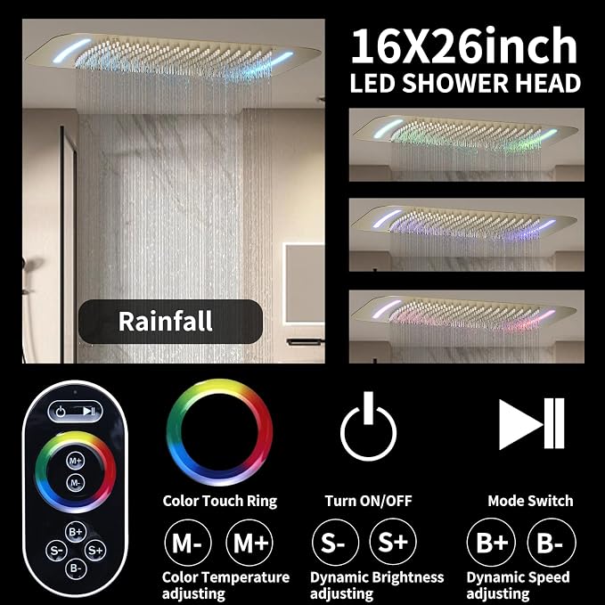 16X26 inch Rainfall Shower System Brushed Gold Shower Faucet Set | Temperature Display Shower Faucet with 6 Body Jet, 8 inch Wall Mounted Shower Head and Handheld Set