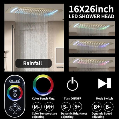 16X26 inch Rainfall Shower System Brushed Gold Shower Faucet Set | Temperature Display Shower Faucet with 6 Body Jet, 8 inch Wall Mounted Shower Head and Handheld Set